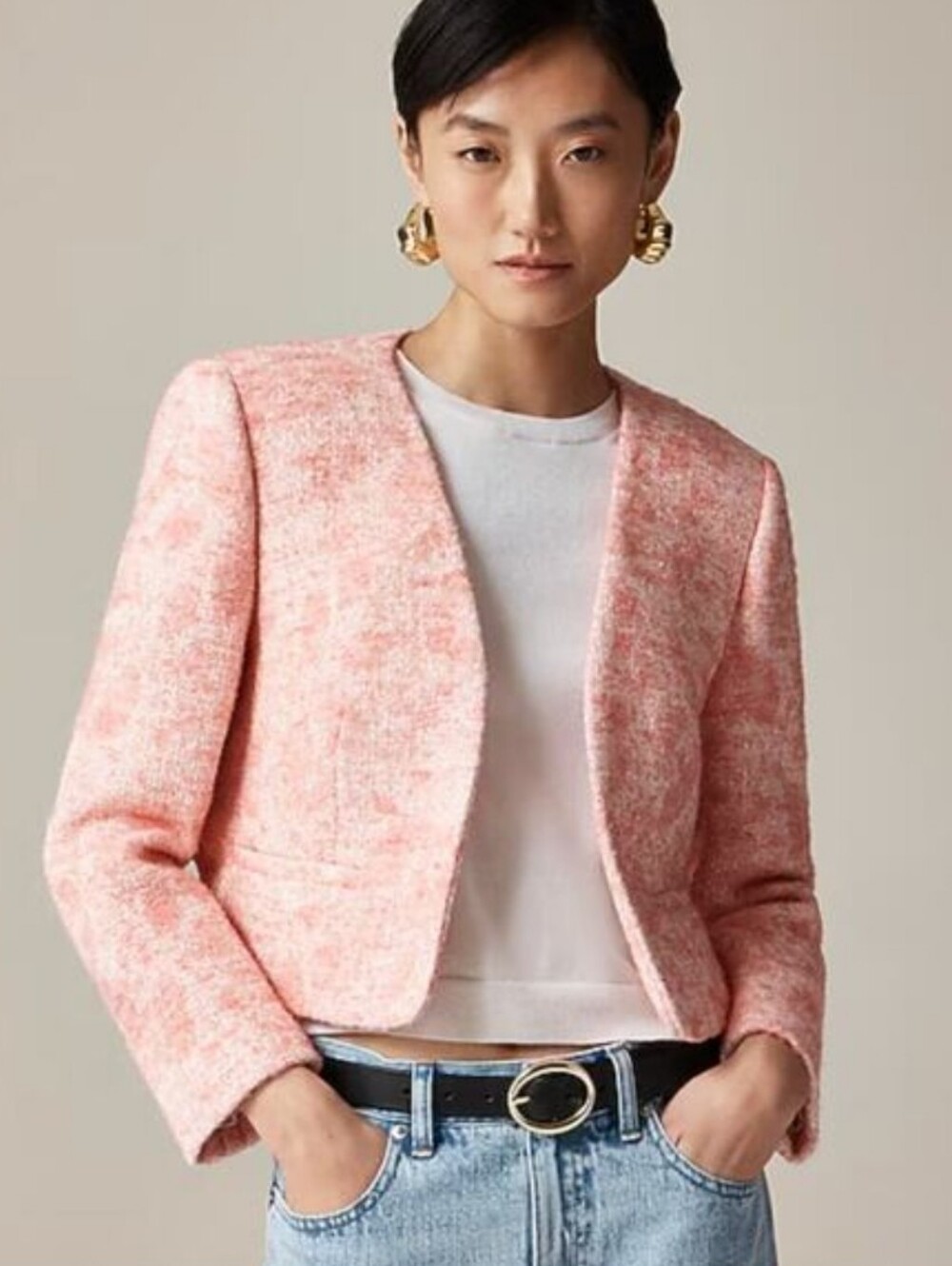 J. Crew Italian Tweed Collarless Cropped Lined Open Jacket Pink White Size 6
